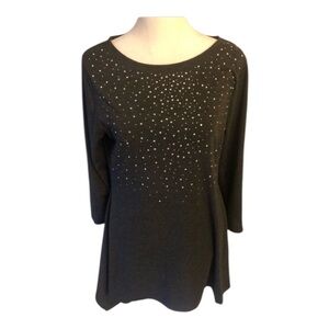 Embellished Gray Tunic Top with Rhinestone Detail - Size M